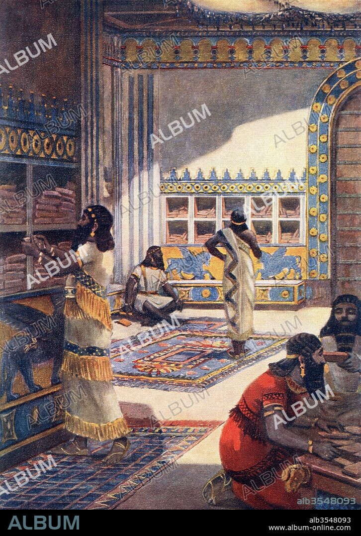 The famous library of Ashurbanipal in the royal palace at Nineveh. Ashurbanipal also spelled Assurbanipal or Ashshurbanipal, 668 BC – c. 627 BC. Assyrian king. From Hutchinson's History of the Nations, published 1915.