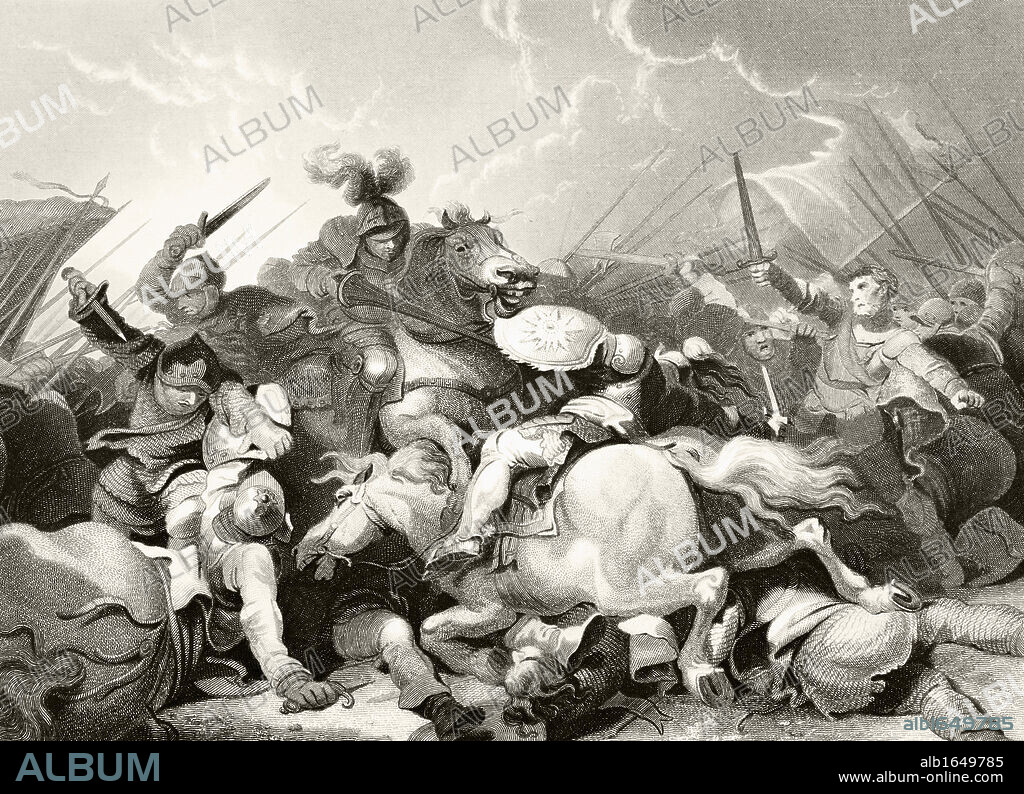 The Battle of Bosworth Field August 22, 1485. From The National and Domestic History of England by William Aubrey published London circa 1890.