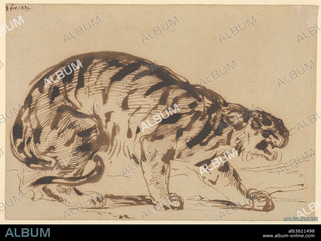 EUGENE DELACROIX. Crouching Tiger. Artist: Eugène Delacroix (French, Charenton-Saint-Maurice 1798-1863 Paris). Dimensions: Overall: 5 3/16 x 7 3/8 in. (13.1 x 18.7 cm). Date: 1839.
Delacroix first became attracted to wild cats several years before his 1832 trip to Morocco. Like Géricault, he studied animals in the Jardin des Plantes, Paris, and in 1828 he visited the menageries at Saint-Cloud with the sculptor Antoine-Louis Barye, who evidently introduced him to the practice of drawing the zoo's cadavers. Because the lions and tigers in his sights were generally lethargic (or dead), Delacroix paid close attention to the postures of house and street cats.