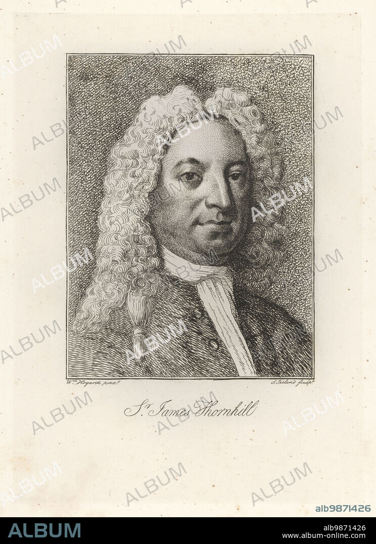 Sir James Thornhill, English painter, 1675-1734. Artist of historical subjects working in the Italian baroque tradition.. In wig, cravatte and coat. Original print engraved by Samuel Ireland after William Hogarth. Copperplate engraving from Samuel Woodburns Gallery of Rare Portraits Consisting of Original Plates, George Jones, 102 St Martins Lane, London, 1816.