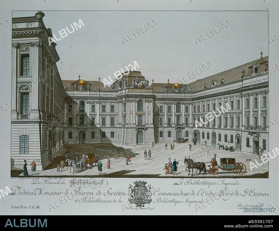 Vienna, Hofburg / Hofbibliothek (library), today the Austrian National Library; built 1723-26, architect:. Fischer von Erlach). "Die Kaiserliche Hofbibliotheck". (The Royal library). Etching, coloured, 1780, by Karl Schütz (1745-1800). Dresden, Staatliches Kupferstichkabinett.