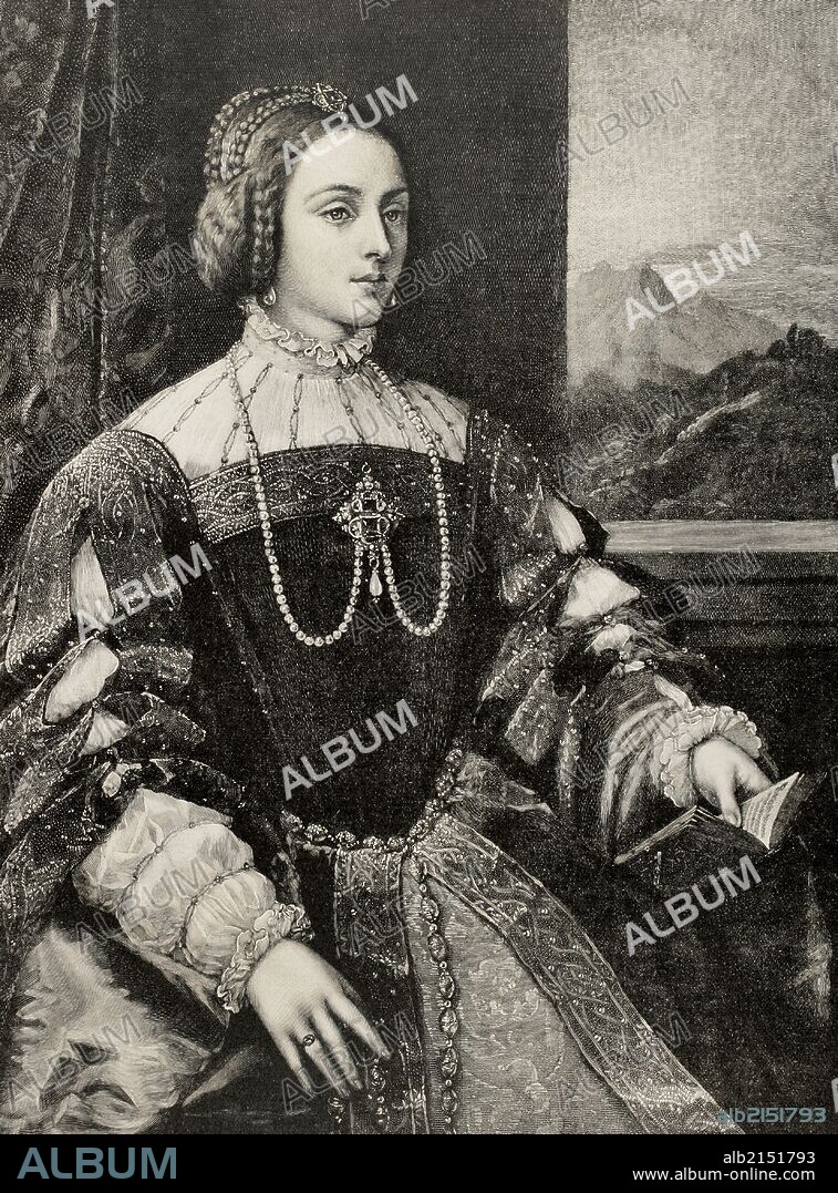 ISABEL DE PORTUGAL (1503-1539). Reina de España y Emperatriz de Alemania (1526-1539). Esposa de Carlos I. Grabado extraido de un cuadro de TIZIANO. Grabado por Al Dauvergne. "La Ilustración Artística", año 1902.