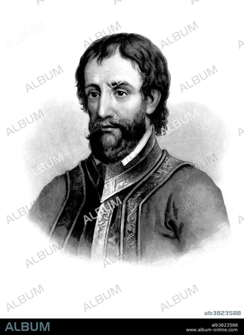 Hernando de Soto (1496/98 - May 21, 1542) was a Spanish explorer and conquistador. He explored and colonized Panama, Nicaragua, Honduras and Peru, where the expedition, led by Francisco Pizarro, conquered the Incan Empire. In 1536 de Soto returned to Spain a rich man due to the gold stolen from the Incas. In 1537 the King of Spain granted him the rights the conquer Florida. He led the first European expedition deep into the territory of the modern-day United States, thus becoming the first European documented to have crossed the Mississippi River. A vast undertaking, de Soto's North American expedition ranged throughout the southeastern United States searching for gold and a passage to China. De Soto died in 1542 on the banks of the Mississippi River in Arkansas or Louisiana. Engraving taken from page 10 of "The Life, Travels and Adventures of Hernando de Soto, discoverer of the Mississippi" by Lambert A. Wilmer. Steel engravings by J. & S. Sartain, 1859.