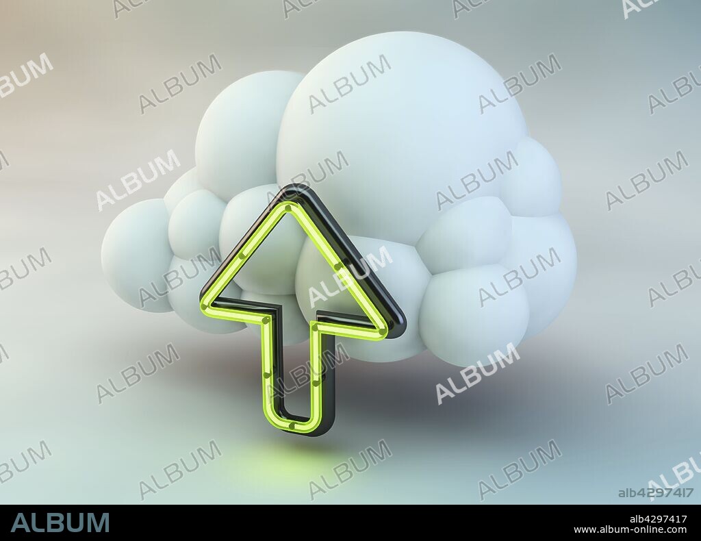 Neon arrow pointing up in cloud.