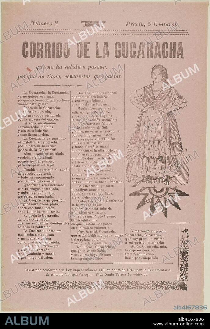 JOSE GUADALUPE POSADA. Corrido of the Cockroach. José Guadalupe Posada; Mexican, 1852-1913. Date: 1913-1923. Dimensions: 306 x 204 mm. Relief engraving on zinc on paper. Origin: Mexico.
