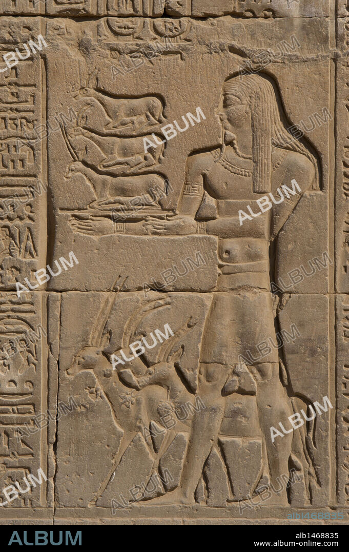 ARTE EGIPTO. EGIPTO. KOM OMBO. TEMPLO DE SOBEK Y HAROERIS, de época ptolemaica o Láguida. Se inició su construcción en el siglo II a. C. Relieve con la representación de hombre realizando ofrendas a los dioses. Norte de Africa.