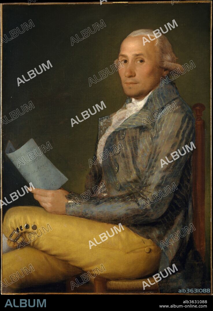 Sebastián Martínez y Pérez (1747-1800). Artist: Goya (Francisco de Goya y Lucientes) (Spanish, Fuendetodos 1746-1828 Bordeaux). Dimensions: 36 5/8 x 26 5/8 in. (93 x 67.6 cm). Date: 1792.
The sheet of paper in the sitter's hand reads: "Don Sebastián Martínez by his friend Goya 1792." Martínez was a famous collector of books, prints, and paintings. He held the position of chief treasurer of the Finance Committee of Cadiz, a flourishing harbor town linked by trade with England and France. This portrait was probably painted just before Goya contracted the illness that caused his deafness and affected him intermittently for the rest of his life. During his convalescence in 1793, he spent several months in Martínez's home.