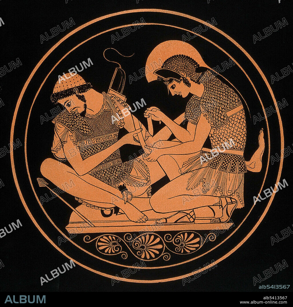 Achilles tending Patroclus' wounds from about 490-500 B.C. The painter is Euphronios, and the work is regarded as his masterpiece. In Greek mythology, Achilles was a Greek hero of the Trojan War, the central character and the greatest warrior of Homer's Iliad. Patroclus was the son of Menoetius, grandson of Actor, King of Opus, and was Achilles' beloved comrade and brother-in-arms.  Ink drawing after an Attic cup.
