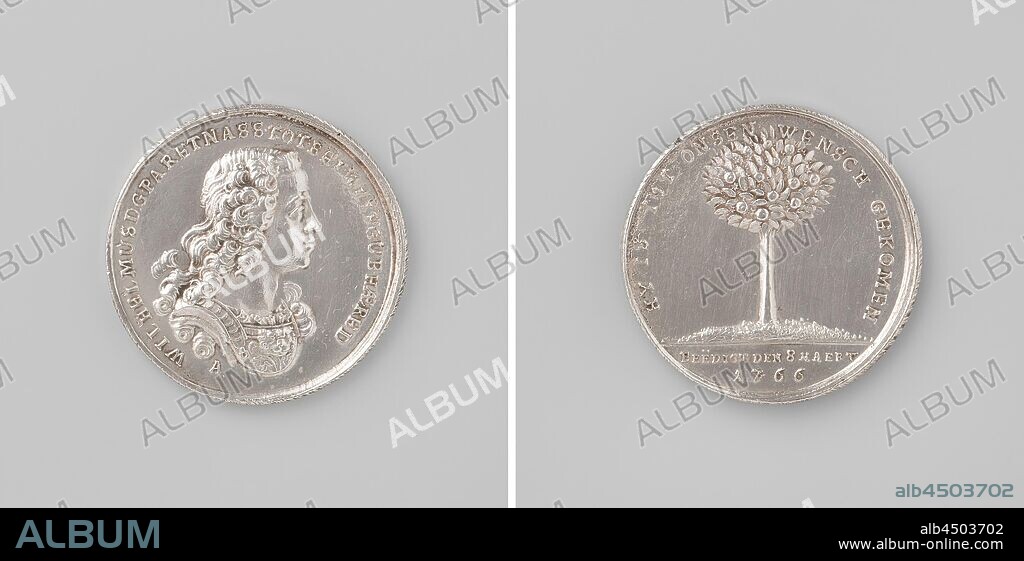 Inauguration of William V, Prince of Orange-Nassau, as hereditary Stadholder of the Netherlands, Silver Medal Obverse: bust of a young man within a circle. Reverse: flowering orange tree within a circle, cut off: inscription, William V (Prince of Orange-Nassau), Eise Andeles, Leeuwarden, 1766, silver (metal), striking (metalworking), d 3.6 cm × w 17.45 gr.