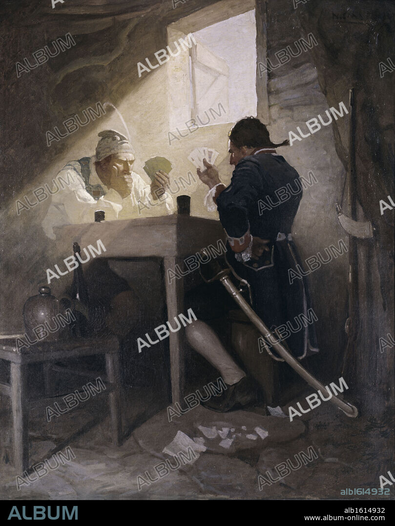 At Cards in Cluny's cage by Newell Convers Wyeth from Kidnapped by Robert Louis Stevenson, oil on canvas, 1913, 1882-1945, USA, Pennsylvania, Chadds Ford, Brandywine River Museum.