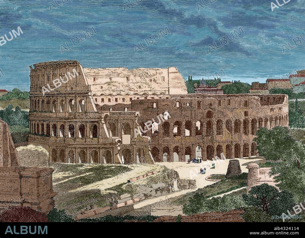 Historia de Italia. Roma. Vista general del Coliseo Romano. Grabado por E. Therona (1882). Coloreado.