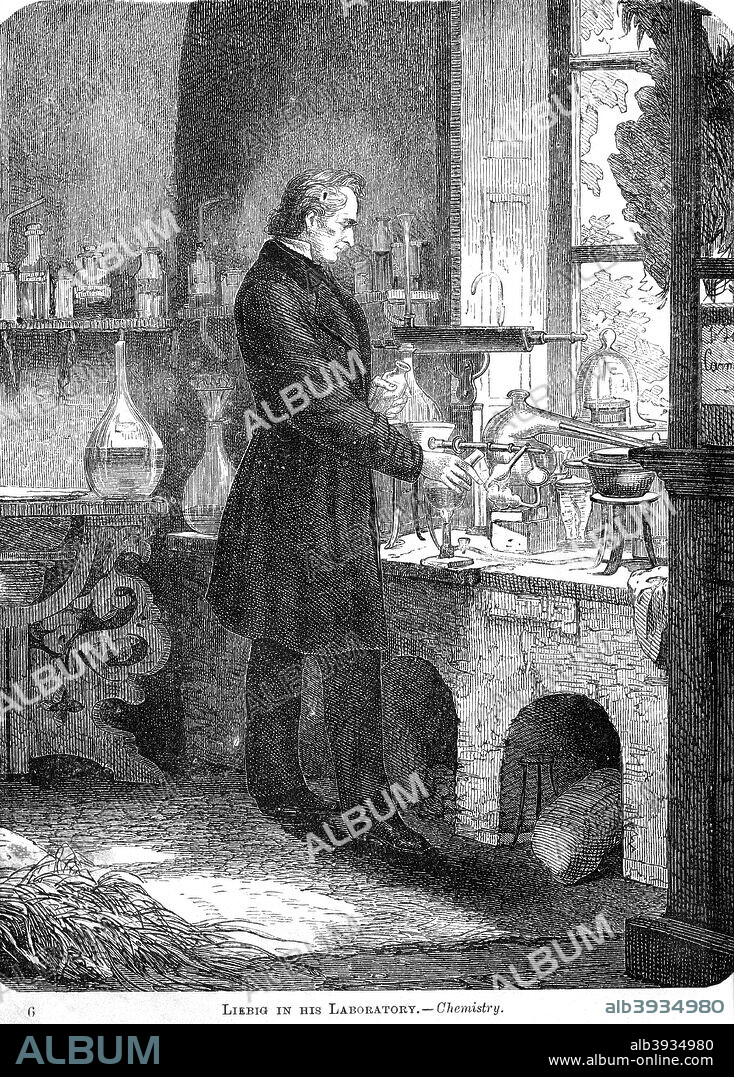 'Liebig in His Laboratory-Chemistry', mid 19th century (c1885). German chemist Baron Justus Freiherr von Liebig (1803-1873) was one of the most illustrious chemists of his age; he was the founder of agricultural chemistry, a discoverer of chloroform and chloral and, with Friedrich Wohler, of the benzoyl radical. He vastly extended the method of organic analysis, and invented appliances for analysis by combustion and also Liebig's condenser.