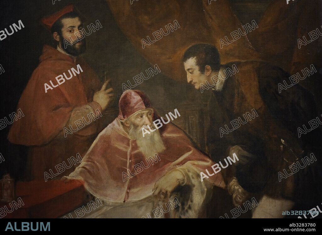 Vecellio di Gregorio Tiziano (h.1490-1576). Pintor italiano. Retrato del Papa Pablo III y sus nietos, 1545-1546. Colección Farnese. Museo de Capodimonte. Nápoles. Italia.
