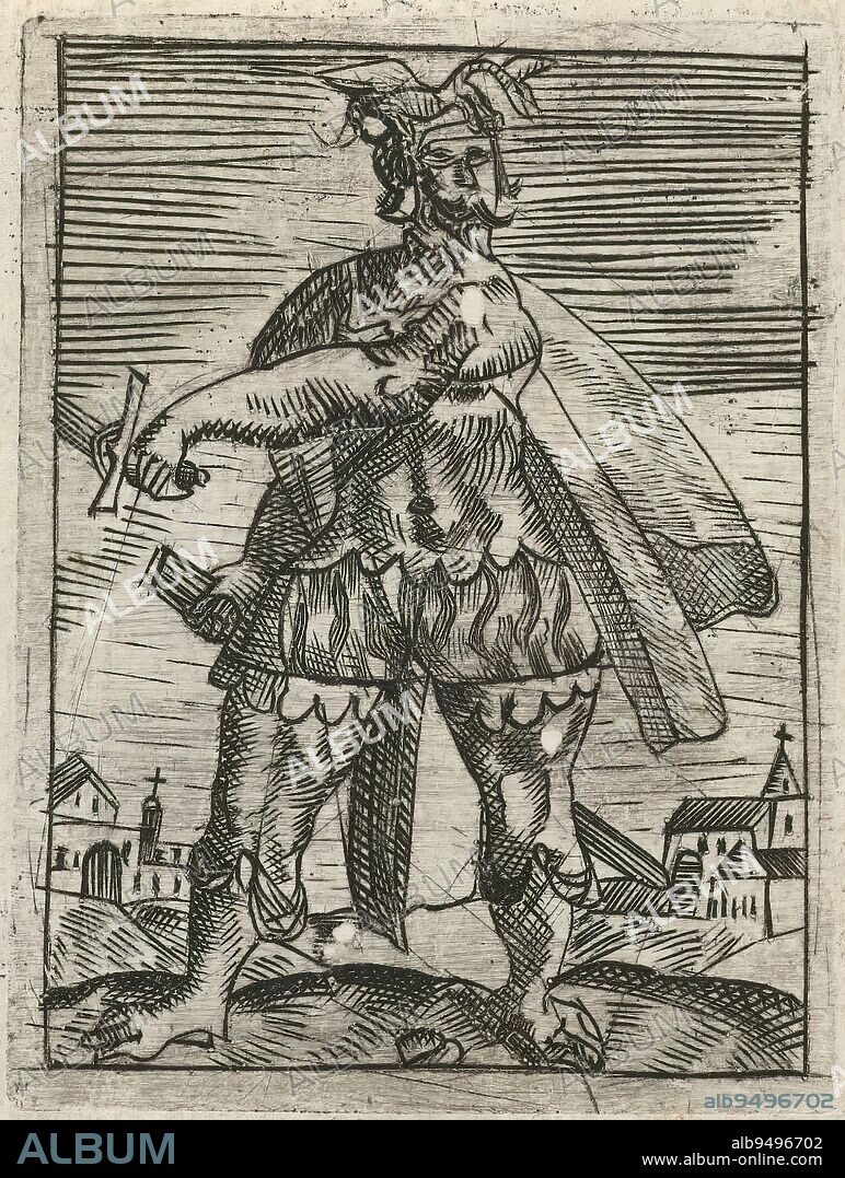 Mucius Scaevola, Unwritten, very free and very primitive, mirror image copy after Hendrick Goltzius' engraving., print maker: anonymous, after print by: Hendrick Goltzius, Netherlands, (possibly), c. 1586 - c. 1620, paper, engraving, height 60 mm × width 50 mm.