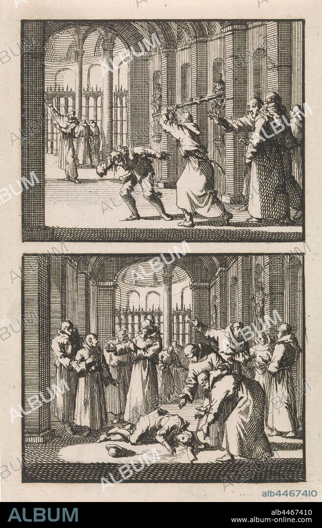 Brother Felix hits a student / Monks find the student unconscious, Two representations of one record, monk (s), friar (s), corporal punishment at school: castigating, beating, etc, unconsciousness, Jan Luyken, Amsterdam, 1697, paper, etching, h 145 mm × w 92 mm.