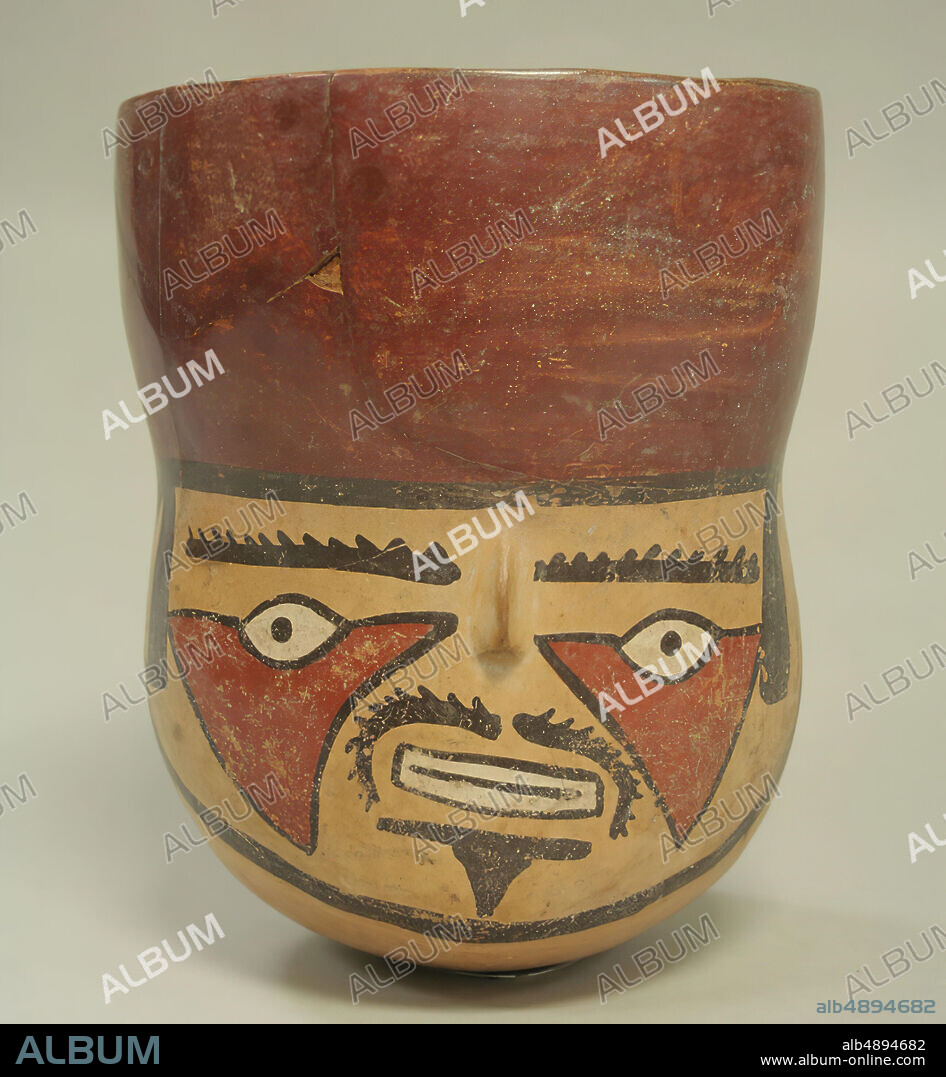 Trophy Head Jar, Nasca, 4th6th century, Peru, Nasca, Ceramic, pigment, H. 8 × Diam. 6 5/16 in. (20.3 × 16 cm), Ceramics-Containers.