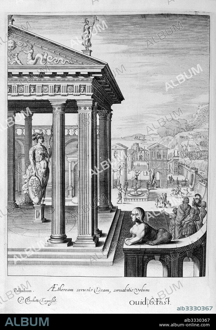 In Greek and Roman mythology, the palladium or palladion was a cult image, on which the safety of Troy and later Rome was said to depend, the wooden statue (xoanon) of Pallas Athena that Odysseus and Diomedes stole from Troy , was later taken to the future site of Rome by Aeneas. Engraving from 'Tableaux du temple des muses' (1655) by Michel de Marolles (1600 - 1681), known as the abbe de Marolles; a French churchman and translator.
