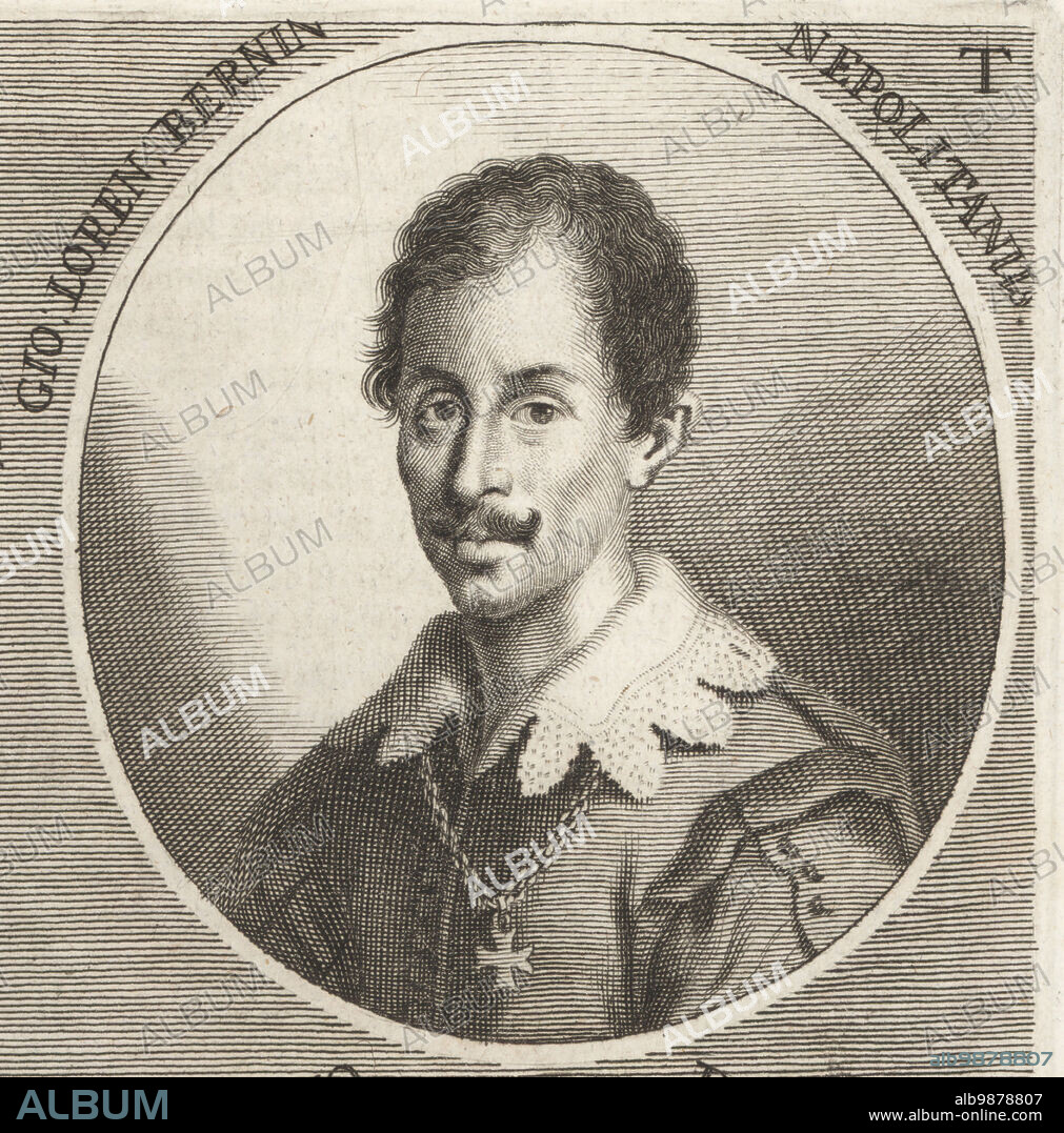Gian Lorenzo Bernini, or Gianlorenzo Bernini, Italian sculptor and architect, 1598-1680. Gio: Loren. Bernin Nepolitanus. Copperplate engraving by Philipp Kilian after an illustration by Joachim von Sandrart from his LAcademia Todesca, della Architectura, Scultura & Pittura, oder Teutsche Academie, der Edlen Bau- Bild- und Mahlerey-Kunste, German Academy of Architecture, Sculpture and Painting, Jacob von Sandrart, Nuremberg, 1675.
