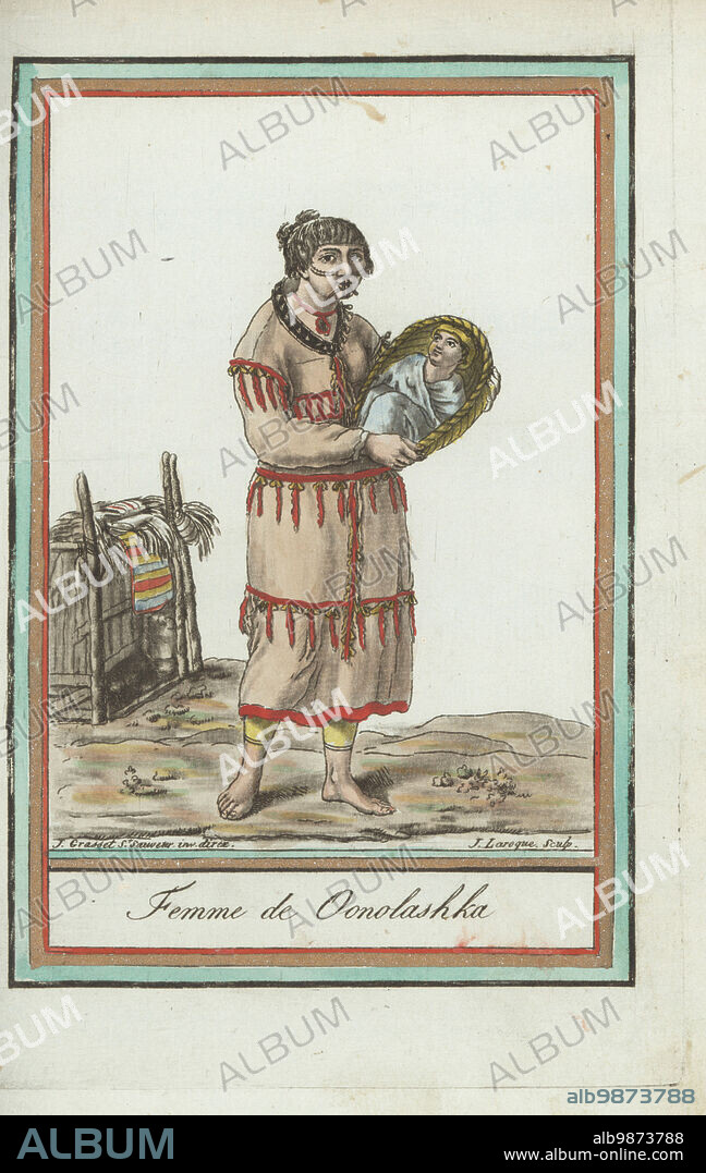 Unangan or Aleut woman and child of Unalaska, Aleutian Islands. With facial tattoos and piercings, wearing a long jacket or parka of birdskin, holding a baby swaddled in a woven-grass basket. Femme de Oonolashka. Handcoloured copperplate engraving by J. Laroque after a design by Jacques Grasset de Saint-Sauveur from his Encyclopedie des voyages, Encyclopedia of Voyages, Bordeaux, France, 1792.