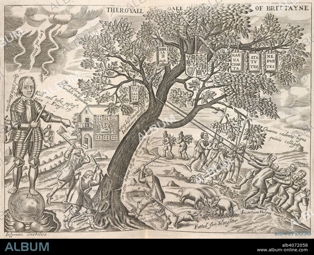 CLEMENT WALKER. The Royall Oake of Brittayne.  Oliver Cromwell depicted on the left of the illustration. Figures pulling down a tree bearing various symbolic images. The compleat History of Independency. Upon the Parliament begun 1640. By C. Walker. R. Royston: London, 1661, 60. Oliver Cromwell depicted on the left of the illustration. Figures pulling down a tree bearing various symbolic images.  Image taken from The compleat History of Independency. Upon the Parliament begun 1640. By C. Walker. Continued till 1660, etc.-(Anarchia Anglicana: or the history of independency. The second part By Theodorus Verax.-The High Court of Justice Being the third part by the same author.-The history of independency. The fourth and last part byT. M. Esquire, a lover of his King and country.)   Originally published/produced in R. Royston: London, 1661, 60. . Source: E.1052.(2), frontispiece. Language: English.