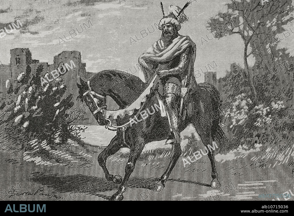 JOAN SERRA PAUSAS (ACTIVE 1861-1902). Almanzor (h. 939-1002). Militar y político andalusí. Canciller del Califato de Córdoba (978-1002). Retrato ecuestre. Grabado por Serra Pausas. "Glorias Españolas". Tomo II. Publicada en Barcelona, 1890.