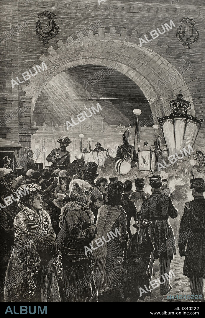 JOSÉ LUIS PELLICER Y FENYÉ (1842-1901). SPANISH ARTIST. ANDRÉS OVEJERO. SPANISH ENGRAVER. Alfonso XII (1857-1885). King of Spain. Mercedes of Orléans (1860-1878). Marriage of King Alfonso XII to Infanta Mercedes of Orleans, celebrated on January 23, 1878. Royal celebrations in Madrid on the occasion of the event. Passage of the military retreat through the Armería Arch on the night of January 27, 1878. Drawing from life by Pellicer. Engraving by Ovejero. La Ilustración Española y Americana, 1878.