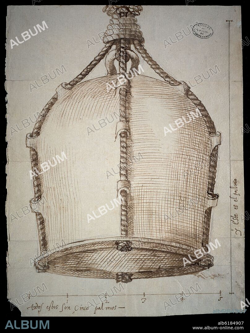 GIUSEPPE BONO. DIBUJO DE UNA CAMPANA PARA BUCEAR DENTRO DEL MAR - A PLUMA 1583 - MP - INGENIOS Y MUESTRAS.