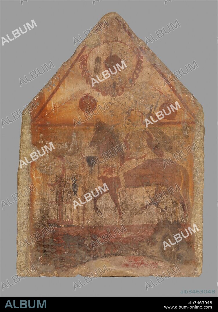 Wall painting, Late Classical, mid-4th century B.C., Greek, South Italian, Lucanian, Fresco, Overall: 53 3/8 x 38 1/2in. (135.6 x 97.8cm), Miscellaneous-Paintings, Return of a mounted warrior. In Southern Italy, particularly around Tarentum in the east and Naples in the west, painted chamber tombs were quite common. Allowing for differences in scale and technique, the iconography here has much in common with that of the vases.