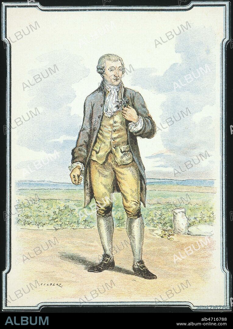 Portrait en pied de Antoine Augustin PARMENTIER (1737-1813) tenant un plant de pomme de terre a la main. Illustration de Camille GILBERT (1838-?), protege-cahier fin 19eme siecle. Credit: Coll. Jonas/KHARBINE-TAPABOR.