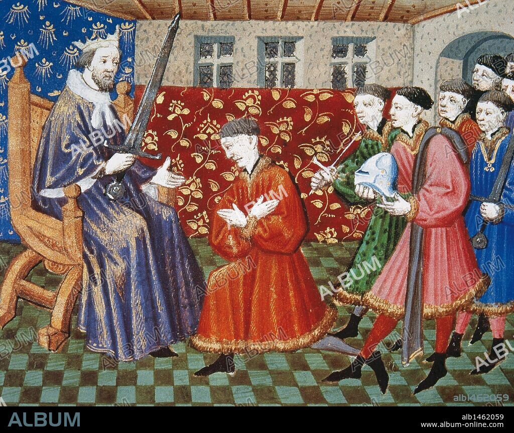 'POEMA DE TRISTAN E ISEO'. Leyenda medieval originaria de Gales. Detalle de la CEREMONIA DE INVESTIDURA DE UN CABALLERO. Manuscrito del S. XV. Castillo de Chantilly. Francia.