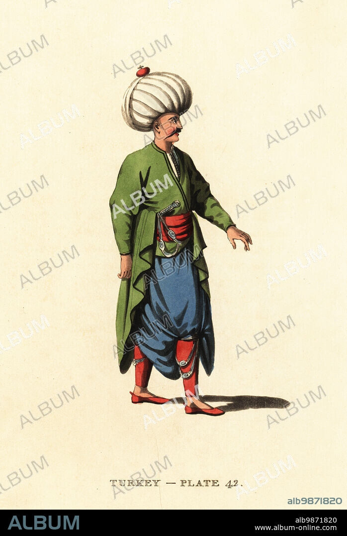 Inferior officer in the Janissaries, infantry of the Ottoman Empire. The uniform comprises large turban, blue loose trousers, red slippers. Coat and girdle colours varied with regiment or odah. Handcoloured copperplate engraving after Octavian Dalvimart from William Alexanders translation of Picturesque Representations of the Dress and Manners of the Turks, Thomas MLean, London, 1814.