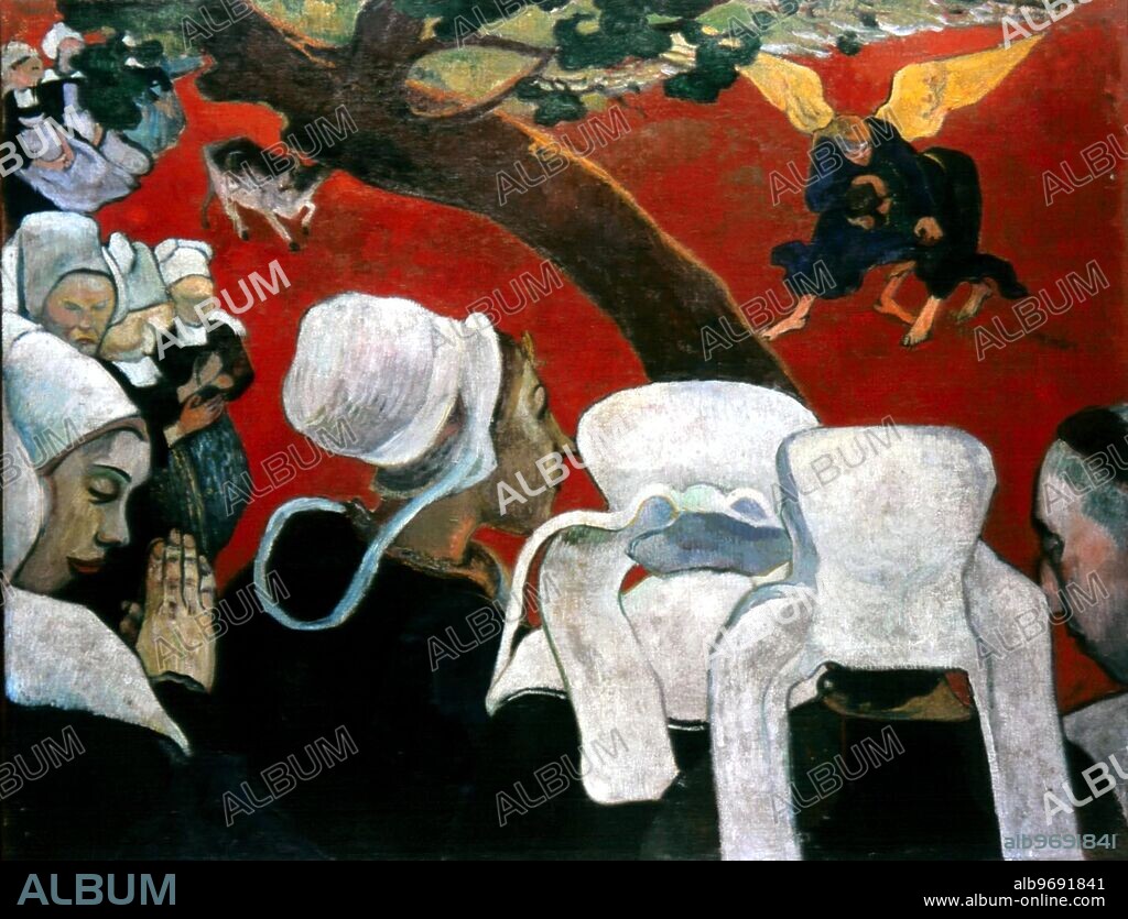 The Vision after the Sermon (Jacob wrestling with the Angel) 1888 (oil on canvas) . Artist Gauguin, Paul (1848-1903) . Location © National Gallery of Scotland, Edinburgh, Scotland . Eugène Henri Paul Gauguin (June 8, 1848 - May 9, 1903) was a leading Post-Impressionist painter. His bold experimentation with colouring led directly to the Synthetist style of modern art.. ©TopFoto.