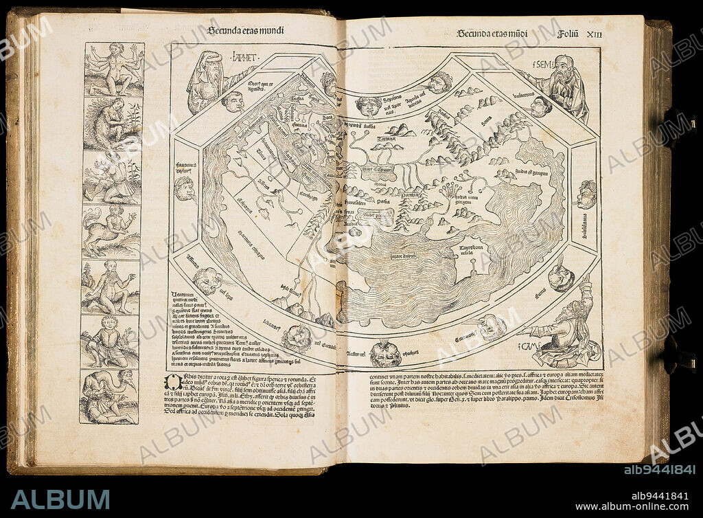 The Nuremberg Chronicle, first Latin edition, 1493, Michael Wolgemut; Artist: Wilhelm Pleydenwurff; Author: Hartmann Schedel; Printer: Anton Koberger, German, 1434/37 - 1519, 17 5/8 x 12 3/8 x 3 1/4in. (44.8 x 31.4 x 8.3cm), Woodcuts and letterpress; bound volume, Germany, 15th century, At the end of the 15th century, the new industry of book printing reached its zenith in Nuremberg, Germany. This book, which was written by Dr. Hartmann Schedel, recounts the history of the world from Creation to the early 1490s with lessons in religion and geography intermingled with unusual and interesting facts and phenomena. The expensive enterprise was funded by Sebald Schreyer and S. Kammermeister, who hired Anton Koberg's firm to print it. Koberg operated twenty-four presses and printed 1,500 copies of the book in Latin and an additional 1,000 copies in German. The copy on display is from the first Latin edition. This edition was more carefully laid out and printed because it appealed to a more learned audience. The Chronicle contains 1809 prints taken from 645 actual woodcuts, resulting in 1164 repetitions. The woodcuts were created in the workshop of Michael Wohlgemut, who was assisted by his stepson Wilhelm Pleydenwurff. In addition to his work on the Chronicle, Wohlgemut is famous as the instructor of Albrecht Dürer, who some scholars believe contributed several images to this book.