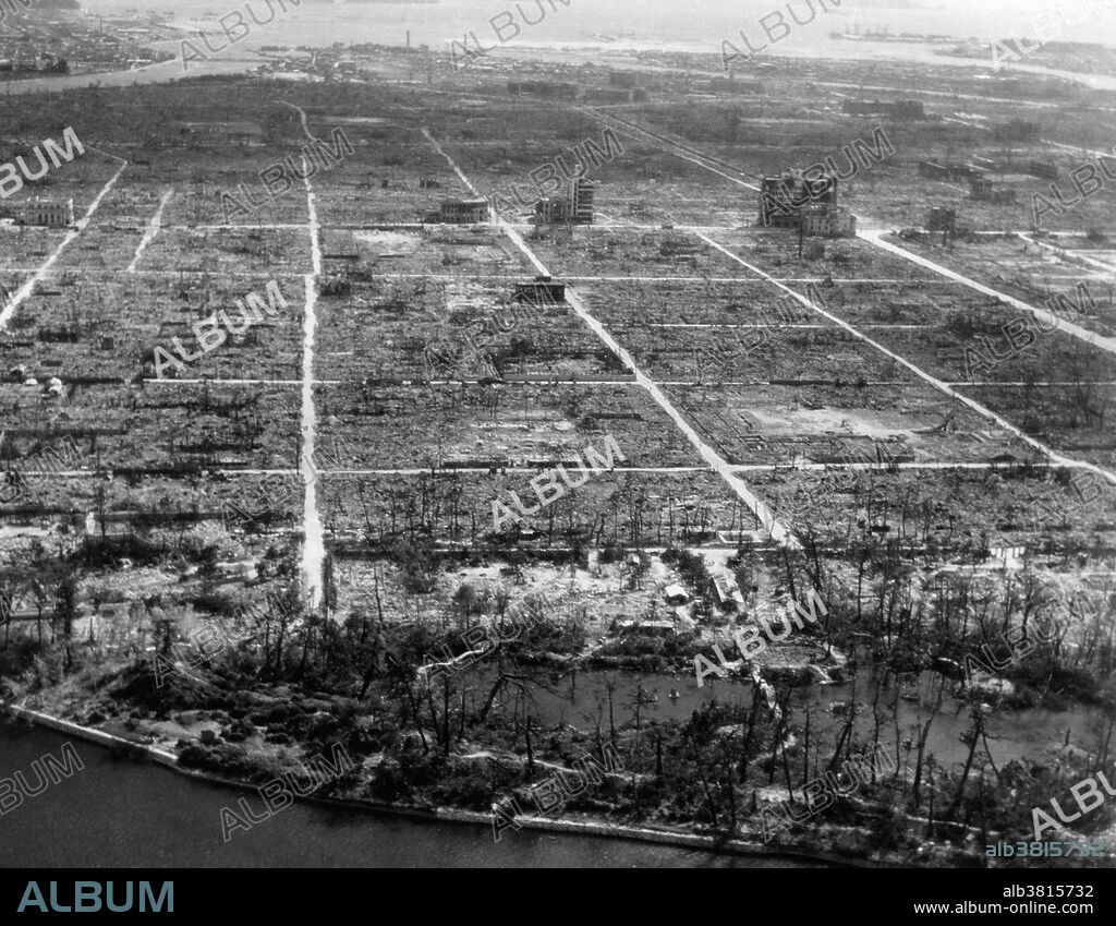 An aerial view of Hiroshima, Japan, after the first atomic bomb was dropped on August 6th, 1945. This single nuclear bomb (nicknamed "Little Boy") destroyed almost all of the city's houses and buildings and instantly killed 80,000 people. The death toll continued to rise over the years, as survivors contracted cancers associated with radiation; ultimately the bomb claimed over 200,000 lives.