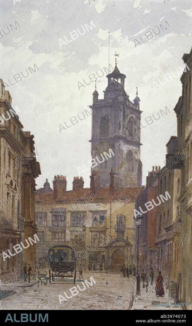 Church of St Giles without Cripplegate, City of London, 1880. View in Redcross Street looking south to Fore Street showing the tower of St Giles without Cripplegate.