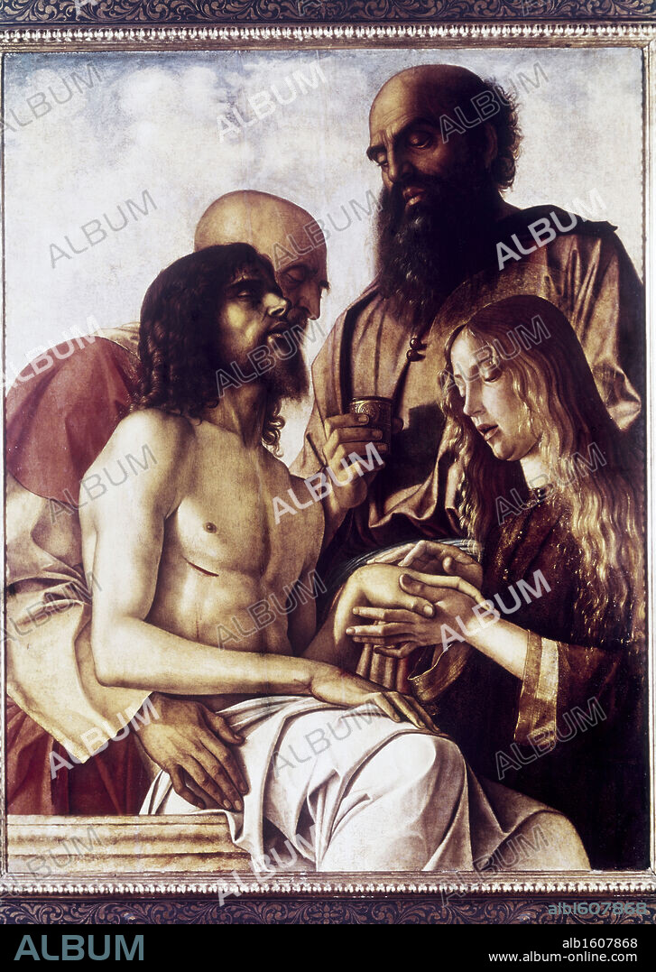 Lament Over the Dead Christ (Pesaro Altarpiece)  ca. 1473-76  Giovanni Bellini (ca.1430-1516 Italian)  Tempera on panel.