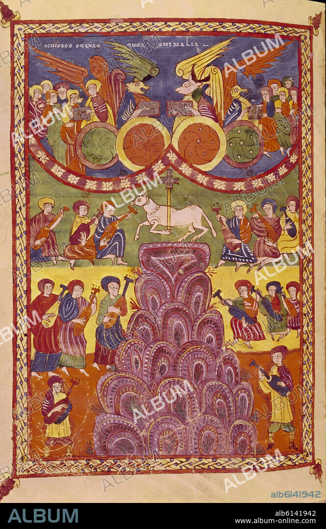 BEATO DE LIÉBANA. COMENTARIOS AL APOCALIPSIS - PROCEDE DE VALCAVADO - ILUSTRADO POR EL PRESBITERO OBECO - VISION DEL CORDERO MISTICO SOBRE EL MONTE SION - SIGLO X.