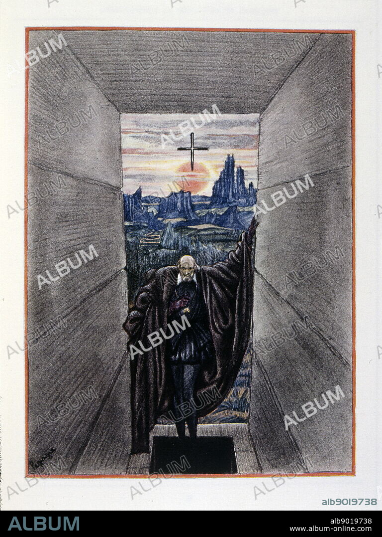 Coloured illustration from 'OEuvres posthumes' by Alfred de Musset depicting a cloaked man walking into a corridor in the sky. Illustrated by Georges Lepape.