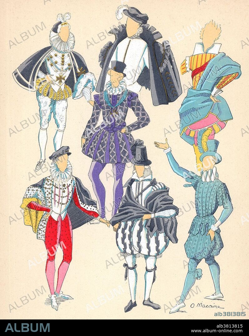 Entitled: "Men's sundry garments from the Renaissance." Renaissance fashion is marked by voluminous clothing worn in an abundance of layers. Contrasting fabrics, slashes, embroidery, applied trims, and other forms of surface ornamentation became prominent. Fashion is a distinctive and often habitual trend in the style in which a person dresses. It is the prevailing styles in behavior and the newest creations of textile designers. Prior to the mid-19th century, most clothing was custom-made. It was handmade for individuals, either as home production or on order from dressmakers and tailors. By the beginning of the 20th century, with the rise of new technologies such as the sewing machine, the development of the factory system of production, and the emergence of department stores, clothing had increasingly come to be mass-produced in standard sizes and sold at fixed prices.