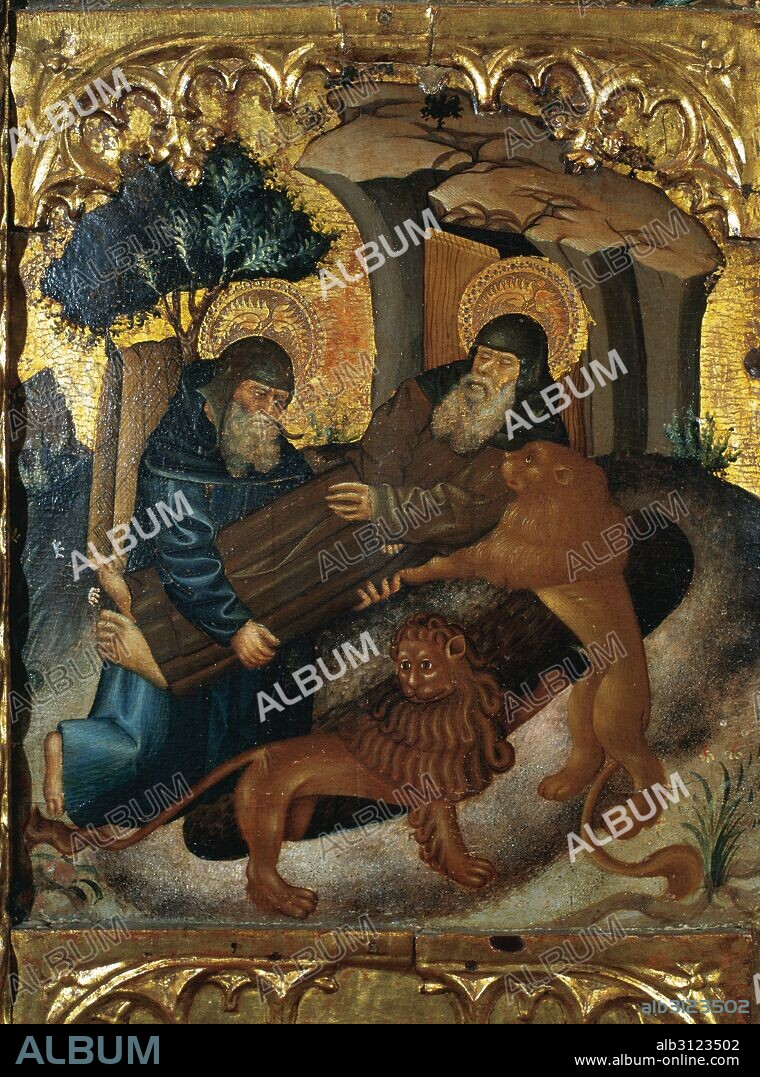 FERRER I, Jaume (n. Lleida, activo hasta mediados del siglo XV). Pintor catalán, miembro de una familia de pintores leridanos. Retablo incompleto dedicado a SAN ANTONIO ABAD Y SAN PABLO ERMITAÑO. Detalle de un compartimento. Pintura al temple sobre madera. Procede de la Iglesia parroquial de Monzón. Provincia de Huesca. Aragón. España.