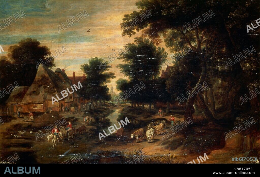 JAN BRUEGHEL DE VELOURS-BRUEGHEL EL. BOSQUE Y CASAS - SIGLO XVII - OLEO/TABLA - 57 x 86 cm - NP 1455 - ESCUELA FLAMENCA.