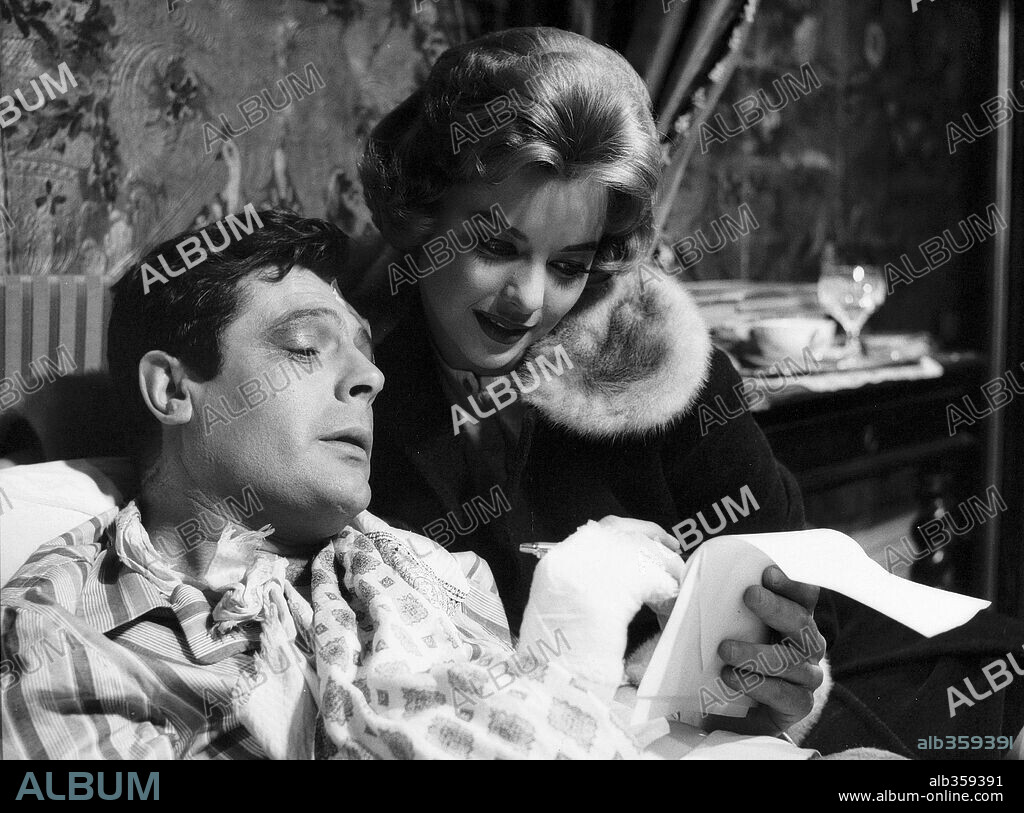 BLACK EYE, MARCELLO MASTROIANNI and GIOVANNA RALLI. GIOVANNA RALLI and MARCELLO MASTROIANNI in MY WIFE'S ENEMY, 1959 (IL NEMICO DI MIA MOGLIE), directed by GIANNI PUCCINI.