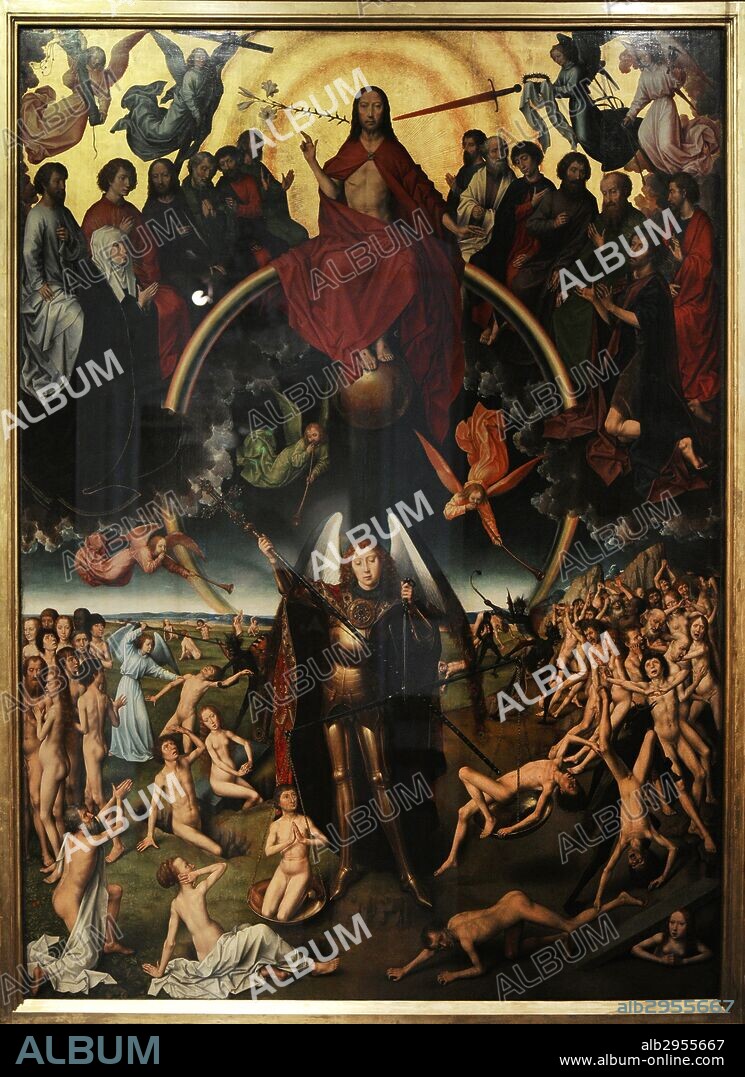 The Last Judgment, late 1460. Triptych by German painter Hans Memling(1430-1494). Central panel: Jesus judgment and St. Michael the Archangel. National Museum. Gdansk. Poland.