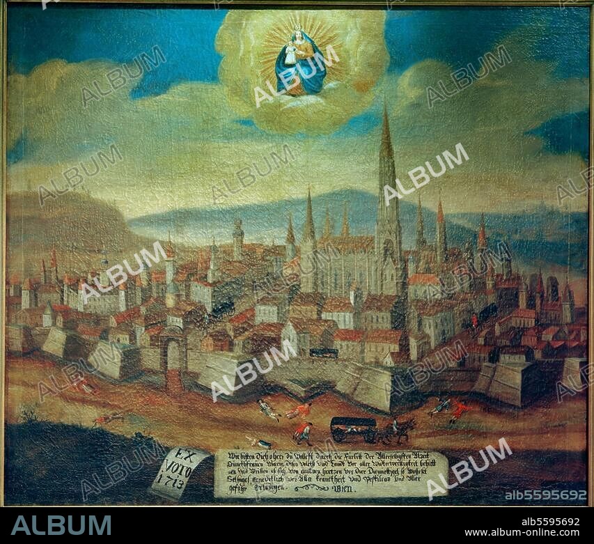Wien (Österreich). - "Plague in Vienna." - (Plague epidemic in Vienna 1713/14: Votive picture with view of city). Painting, anonymous, 1713. Oil on canvas, 114 × 129 cm. Passau, Kloster Niedernburg.