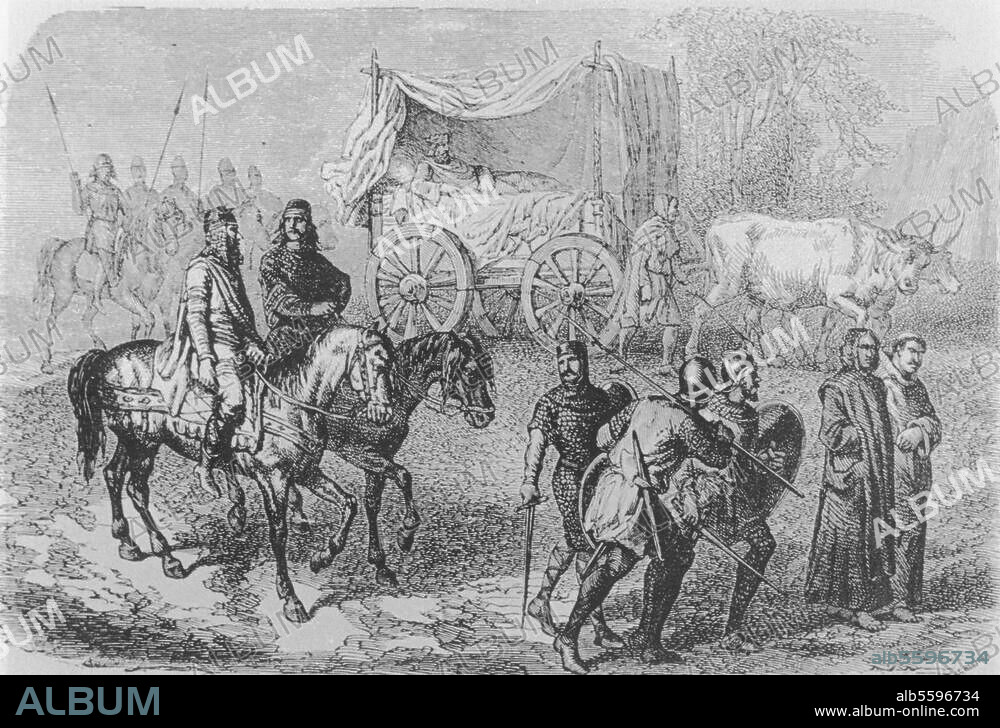 Histoire / France / Les Rois Fainéants, dynastie des Mérovingiens, 639-751. Ils se déplacaient dans des charriots tirés par des boeufs Grav. sur bois. in : Charles Lahure, "Histoire Populaire de la France", 1866.