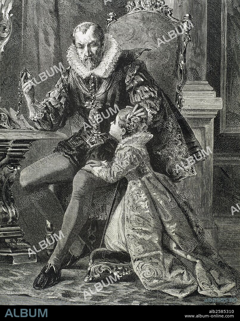 FELIPE II (Valladolid,1527-El Escorial,1598). Rey de España (1556-1598), uno de los monarcas más importantes de la casa de Austria, hijo de Carlos I y de la emperatriz Isabel, infanta portuguesa. "EL REY FELIPE II Y SU HIJO". Dibujo original de Gustavo Bartech para el drama de Friedrich Schiller, "DON CARLOS" (1787). Grabado del "Semanario Ilustrado Universal" (siglo XIX) .