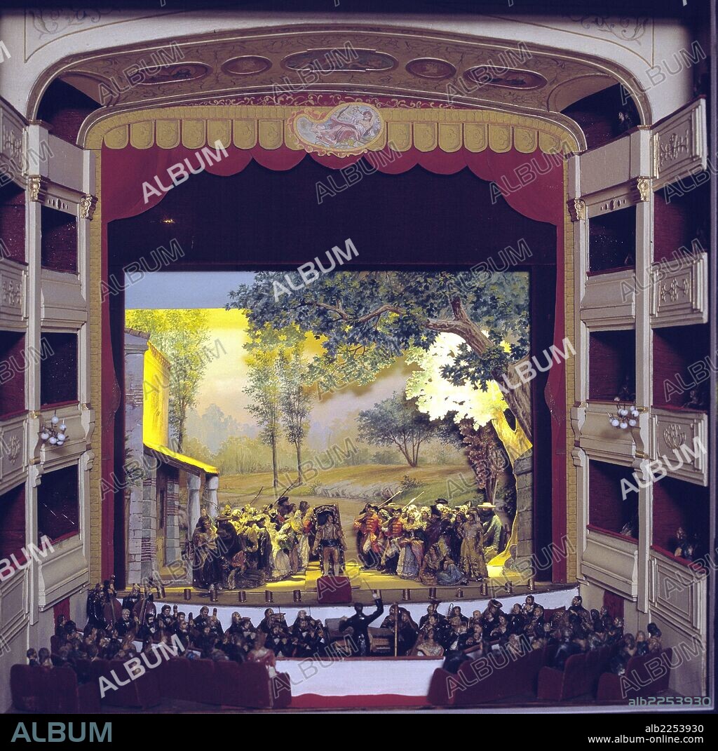 TEATRO. MAQUETA DE LA REPRESENTACION DE " EL BARBERILLO DE LAVAPIES " OBRA DE ANTONIO SENDRAS Y LUIS BUENDIA. MUSICA DE ASENJO BARBIERI. MUSEO NACIONAL DEL TEATRO. ALMAGRO.