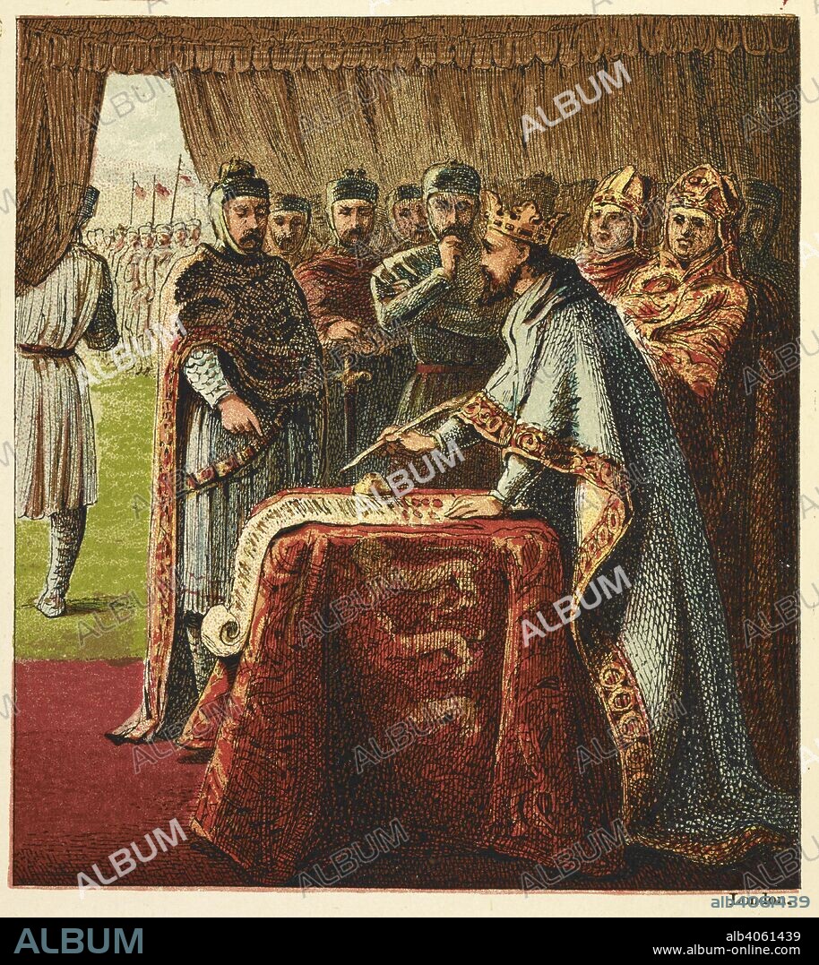 King John and Magna Charta'. Magna Carta, also called Magna Carta Libertatum or The Great Charter of the Liberties of England, is an Angevin charter originally issued in Latin in June 1215. It was sealed under oath by King John at Runnymede, on the bank of the River Thames near Windsor, England at June 15, 1215. Pictures of English History. From the earliest times to the present period. With ninety-three pictures, printed in colour by Kronheim. London : George Routledge & Sons, [1868]. Source: 9505.ff.6 picture 24. Language: English.