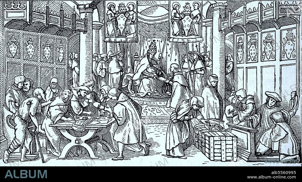 Ablassbriefe in einer Basler Kirche mit dem Wappen der Mediceer, Aus Angst vor dem Fegefeuer und vor Unvergebung kauften die Menschen Ablassbriefe, man sagte, dass man von seinen Sünden befreit würde, wenn man einen Ablassbrief kauft, digitale verbesserte Reproduktion eines Originaldrucks aus dem 19. Jahrhundert.