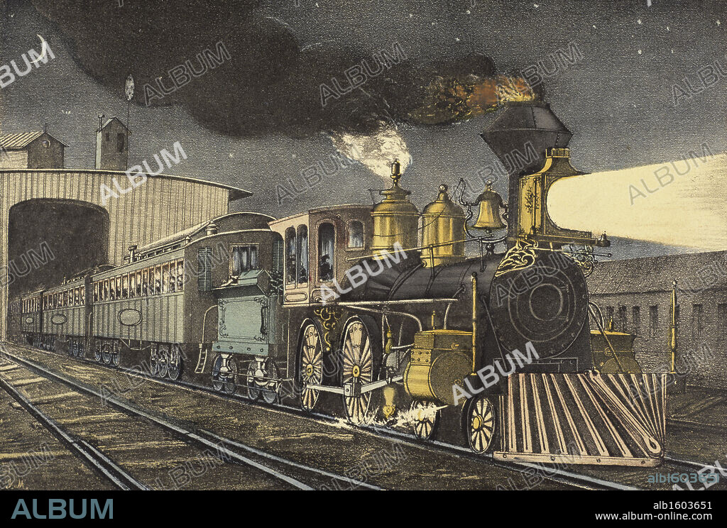 CURRIER AND IVES. Night Express: The Start  19th C.  Currier & Ives (Active 1857-1907/American)  Color Lithograph  Newberry Library, Chicago, Illinois, USA.